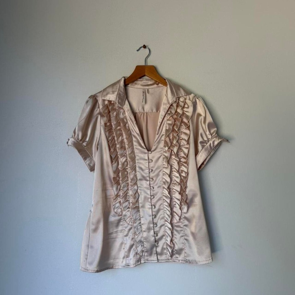 Vintage 90s Be Mine by Do & Be cream satin blouse with ruffles and buttons